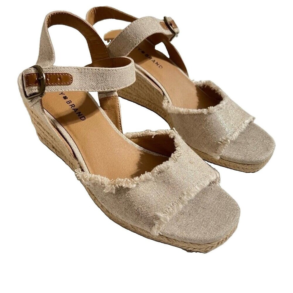 Lucky Brand Womens Mindra Tan Espadrille Wedge Sandal Size 8.5M Open Toe Canvas